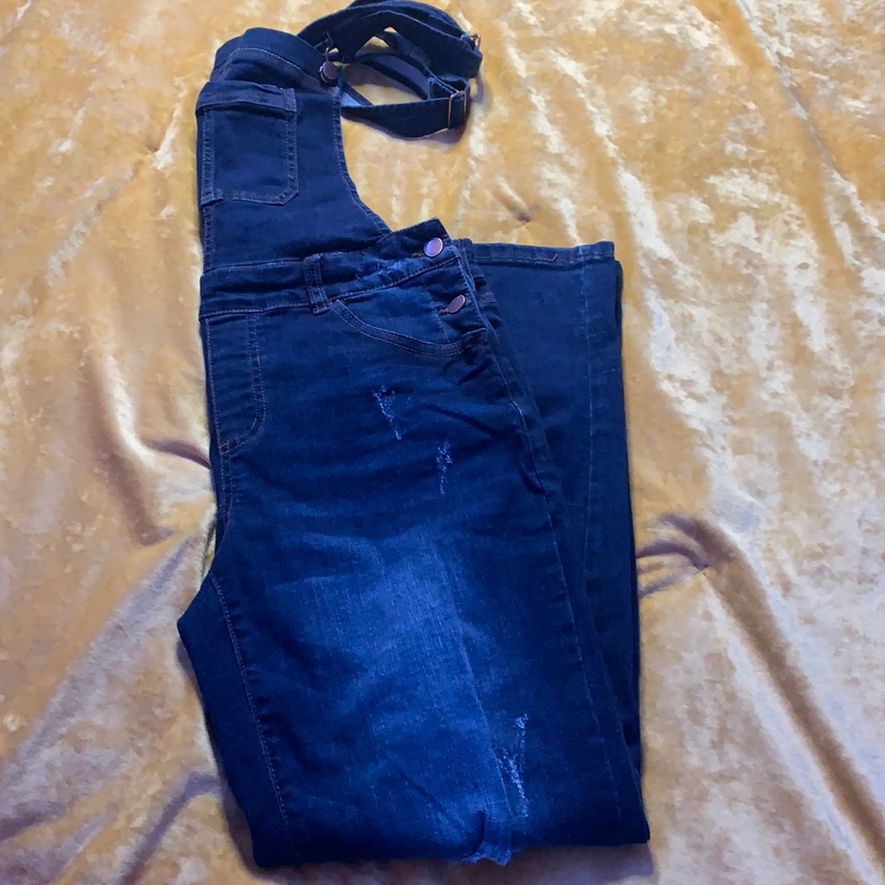 Dark wash overalls